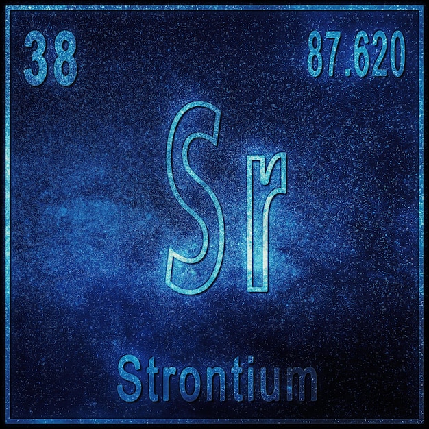 Zdjęcie pierwiastek chemiczny strontu, znak z liczbą atomową i masą atomową, pierwiastek układu okresowego pierwiastków