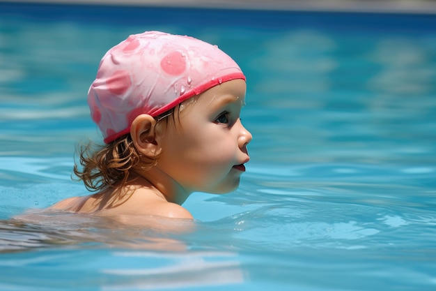 Pierwsza lekcja pływania dla małych dzieci w słonecznym basenie
