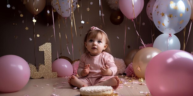 Pierwsze dzieci przyjęcie urodzinowe rocznica Mała urocza dziewczynka siedząca na imprezie balonów