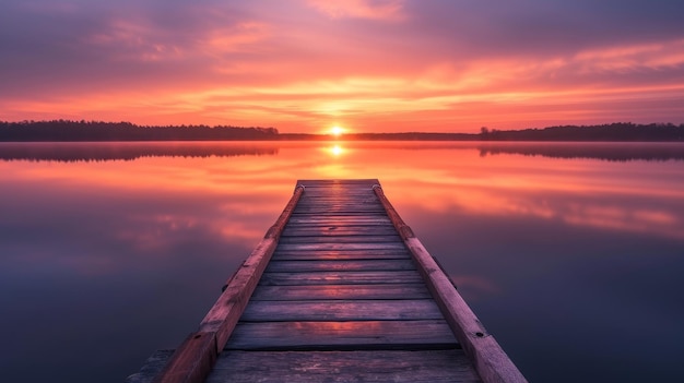Pierwsze światło świtu oświetla spokojny drewniany dok z widokiem na gładkie jezioro z pięknym wschodem słońca