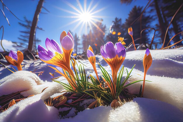 Pierwsze wiosenne kwiaty krokusów w lesie na tle śniegu mają również miejsce na tekst