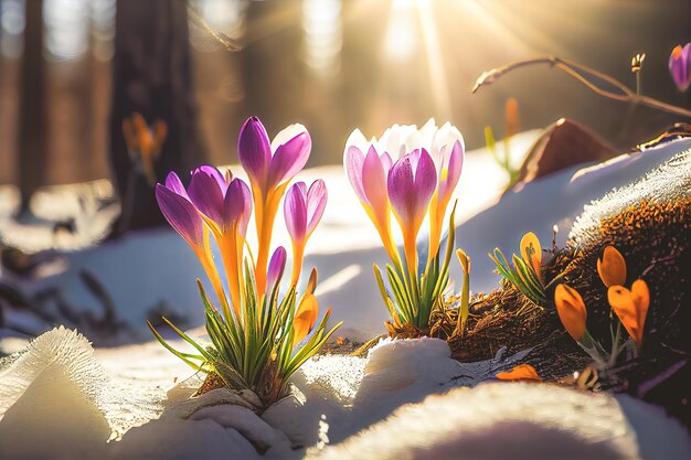 Pierwsze wiosenne kwiaty krokusy w lesie na tle śniegu mają również miejsce na tekst