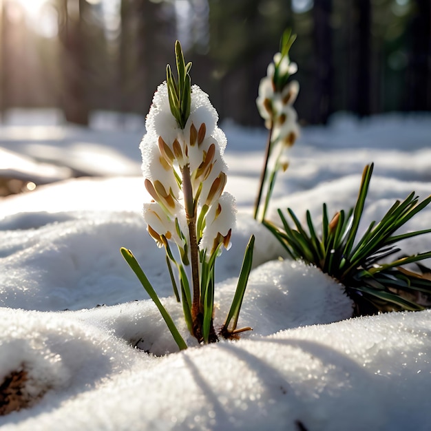 Zdjęcie pierwsze wiosenne kwiaty wychodzą spod śniegu generowanego przez sztuczną inteligencję.