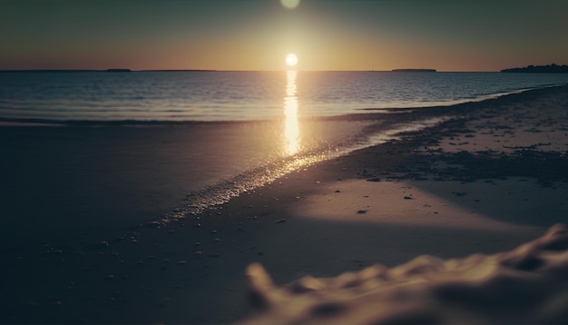 Pierwszy plan ze słońcem piaszczystej plaży i oceanem w tle o wschodzie słońca Transparent podróży wakacyjnych