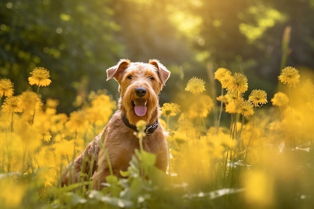 Pies Airedale terrier siedzący na łące otoczony żywymi dzikimi kwiatami i trawą w słoneczny dzień AI Wygenerowano