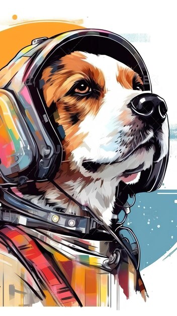 Pies astronauta noszący hełm kosmiczny na grunge akwarelowej ilustracji tła