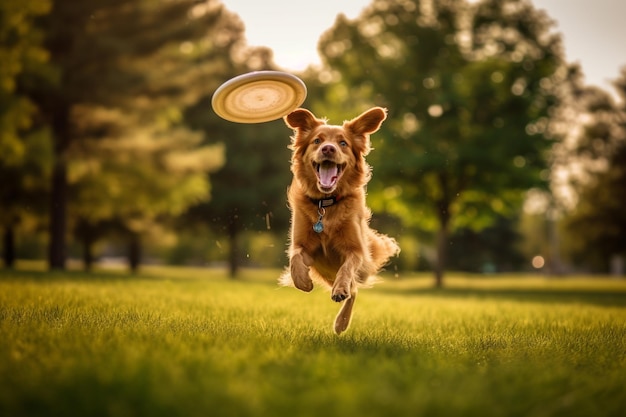 Pies bawiący się frisbee w parku.