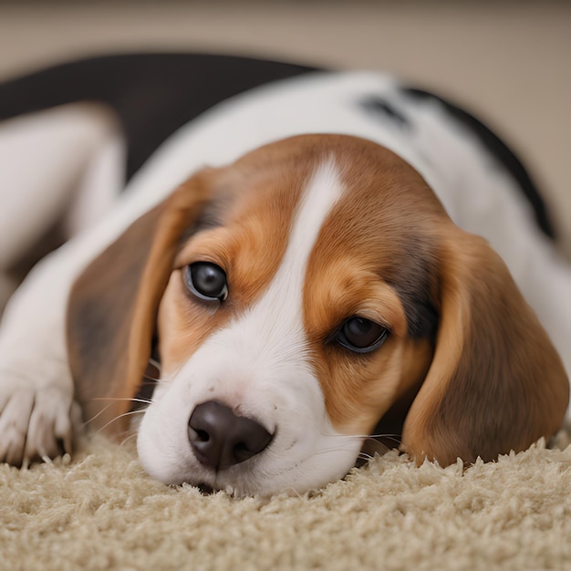 pies beagle leżący na dywanie z otwartymi oczami