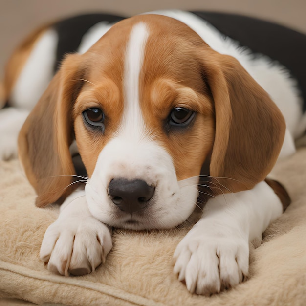 Zdjęcie pies beagle leżący na koce z łapami na koce