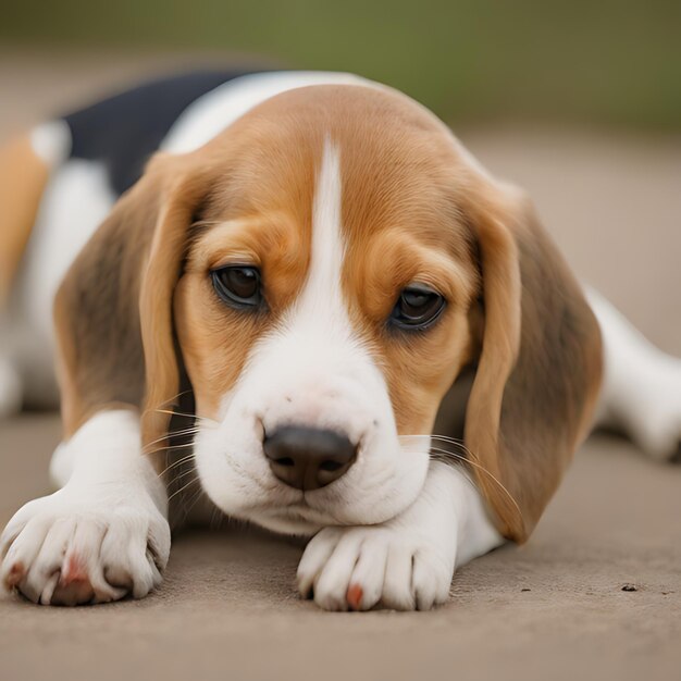 Zdjęcie pies beagle leżący na ziemi z łapami na ziemi