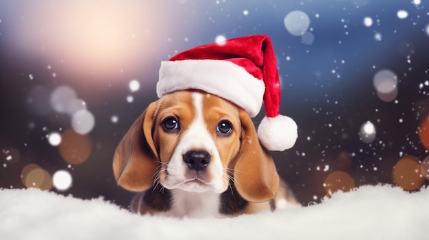 Pies beagle w czerwonym kapeluszu na świątecznym tle bożonarodzeniowym z kopią przestrzeni