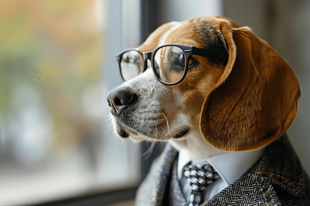 Pies Beagle w okularach patrzący przez okno