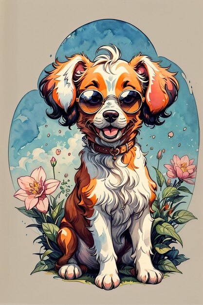 Pies Beagle z okularami przeciwsłonecznymi w akwarelach