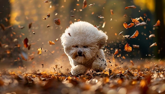 Pies biega po liściach, a liście spadają.