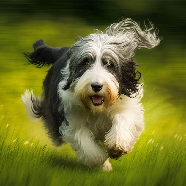 Pies biegający po polu z napisem „na nim”