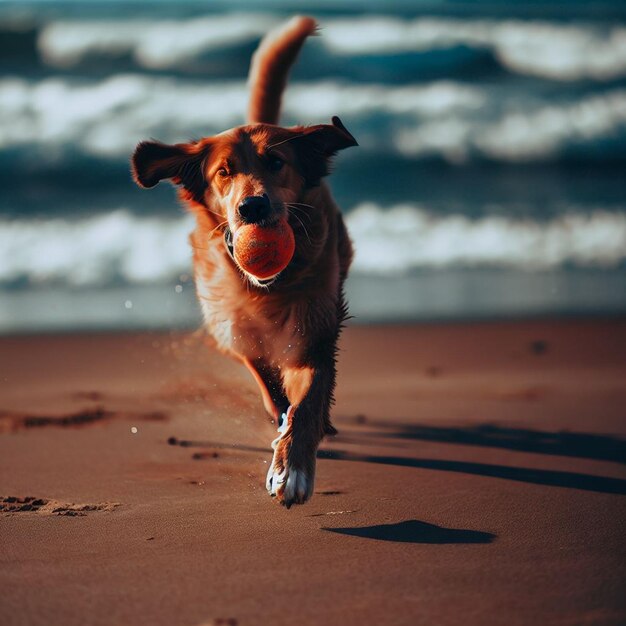 Zdjęcie pies biegnący po plaży z piłką w ustach