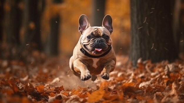 Pies biegnący przez liście jesienią