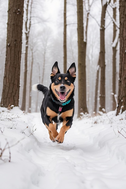 Pies biegnący szybko z wyciągniętym językiem podczas zimowego spaceru po śnieżnym lesie