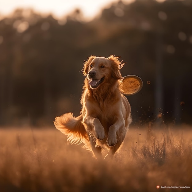 Pies biegnie przez pole z tabliczką z napisem „Golden Retriever”.