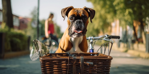 Pies bokser dobrze się bawi na rowerze w słoneczny dzień rano latem na ulicy miasta