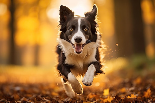 Pies border collie biegający w jesiennym lesie Koncepcja sezonu jesiennego Pies border collie biegający po jesiennej łące Zwierzęta domowe AI Wygenerowano