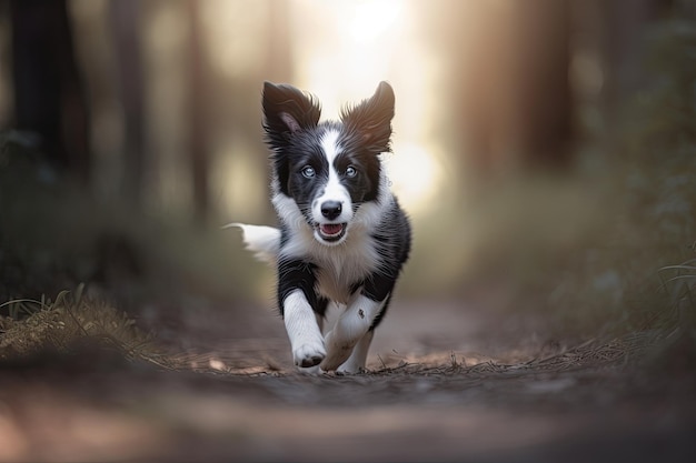 Pies border collie biegnie przez las.