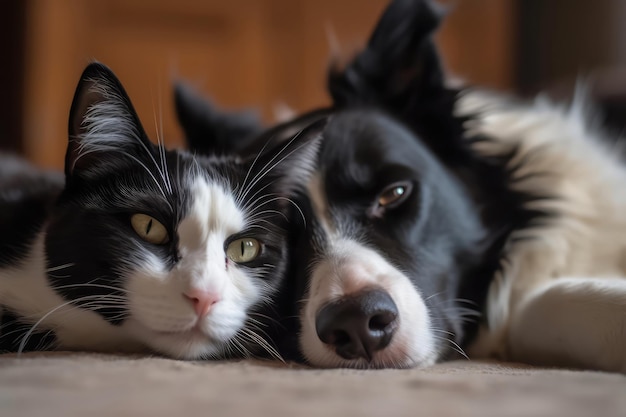 Pies border collie i kot brytyjski krótkowłosy śpią mocno generatywnie sztuczna inteligencja