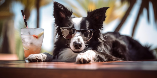 Pies Border Collie jest na wakacjach w nadmorskim kurorcie i relaksujący wypoczynek na letniej plaży na Hawajach