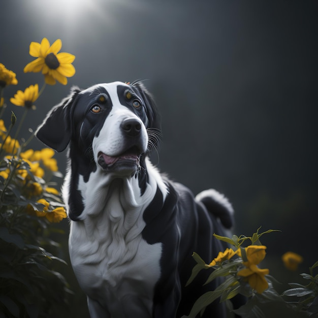 Pies border collie w ogrodzie z żółtymi kwiatami