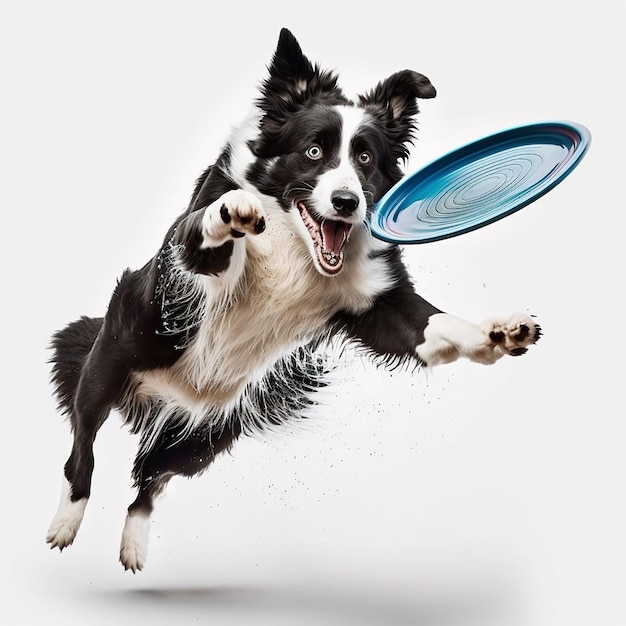 Pies border collie w skoku łapie pies frisbee gra zbliżenie na białym tle
