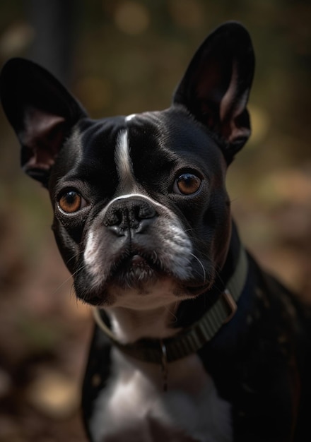 Pies boston terrier z czarną obrożą i czarną obrożą.