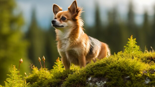 Pies chihuahua stoi na omszałym wzgórzu