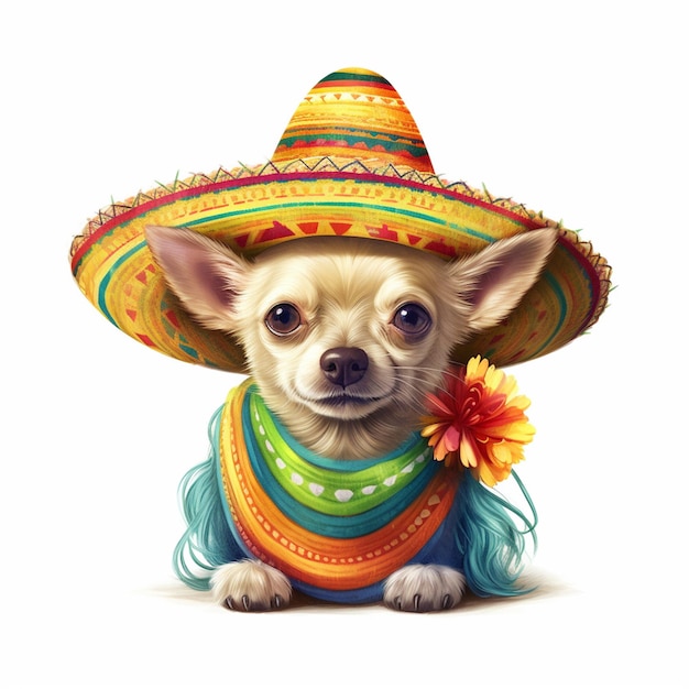 Pies chihuahua ubrany w sombrero i kwiat.