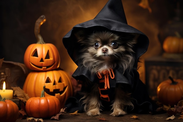 Pies chihuahua w kostiumie wiedźmy na Halloween uroczy zwierzak z dyniami generatywnymi AI Portret małego psa na ciemnopomarańczowym tle Halloweenowa impreza dla zwierząt koncepcja jesieni i października