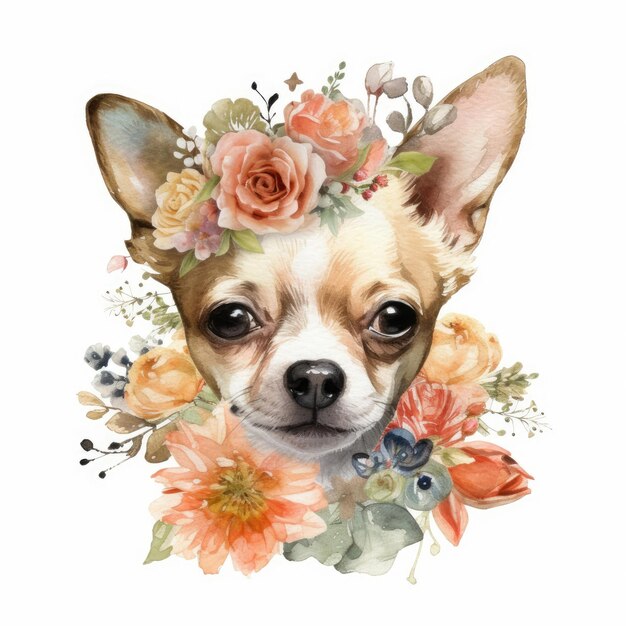Pies chihuahua w kwiatowej koronie.