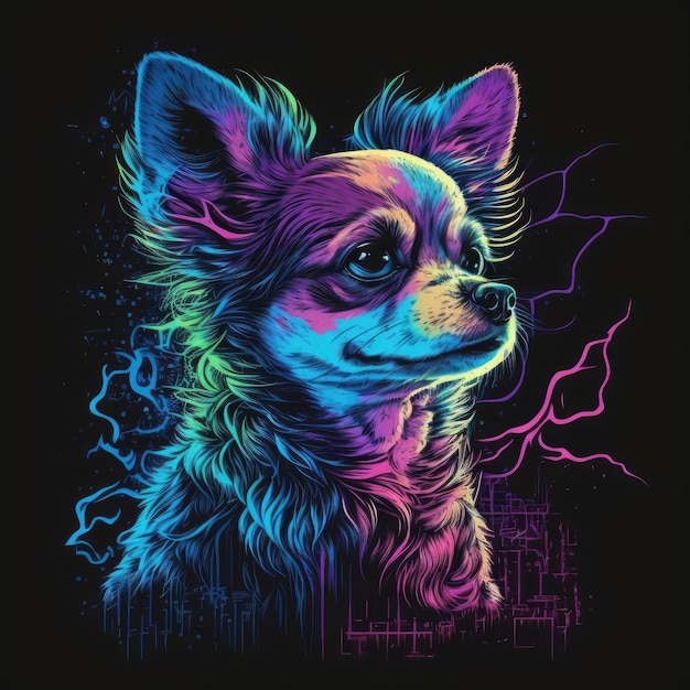 Pies Chihuahua z lat 80. Synthwave Szczegółowa grafika wektorowa TShirt z żywymi kolorami Generative AI