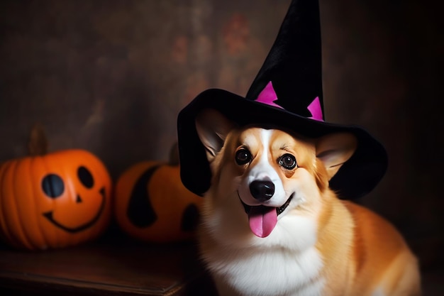 Pies Corgi noszący halloweenowy kapelusz czarowniczy