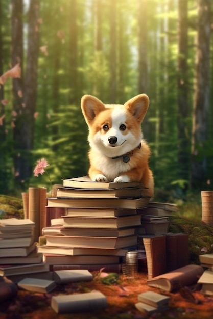 Pies Corgi siedzi na stosie książek