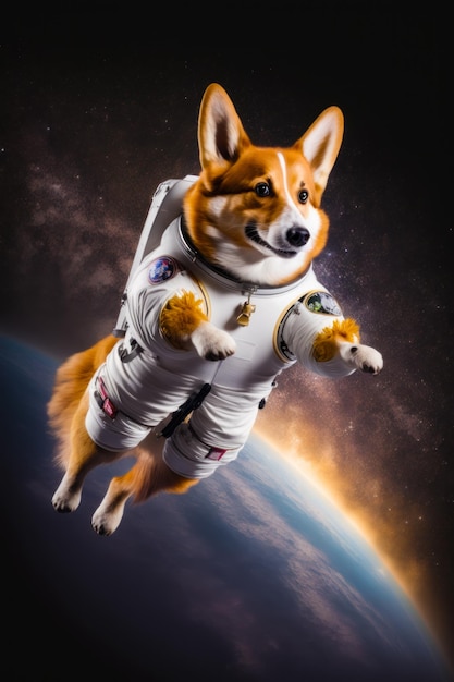 Pies Corgi w skafandrze kosmicznym unoszący się w powietrzu nad ziemią Generacyjna sztuczna inteligencja