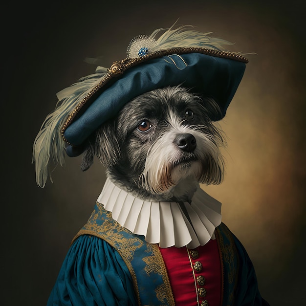 Pies cute puppy na sobie strój regal Portret zwierzaka w odzieży Generatywne ai