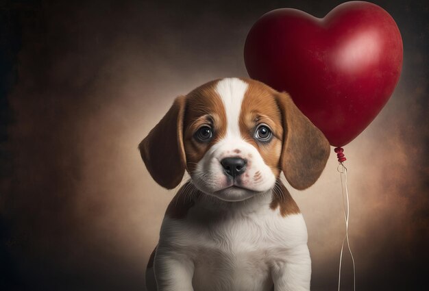 Pies Cute puppy z balonem serce miłości Koncepcja Walentynki Generatywne ai