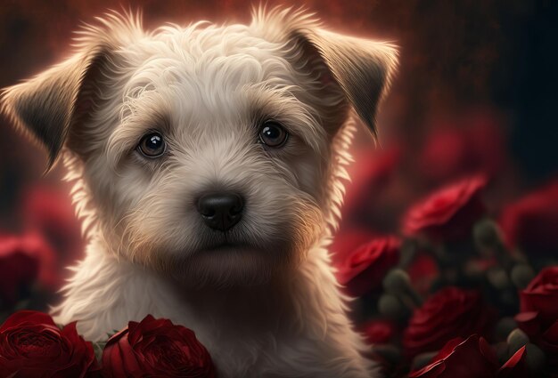 Pies Cute puppy z czerwonych róż Święto Walentynek Generatywne ai
