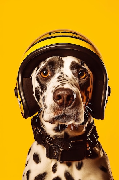 Pies dalmatyńczyk w kasku i patrzący w kamerę Generacyjna sztuczna inteligencja