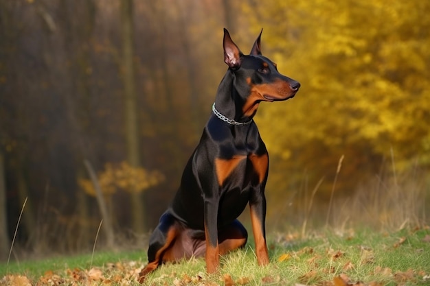 Pies doberman siedzi jesienią na trawie