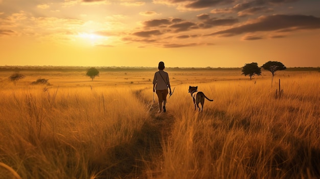 Pies fotografujący dziką przyrodę zwierząt z naturalnym tłem osoby w widoku zachodu słońca Obraz wygenerowany przez sztuczną inteligencję