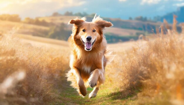 Pies Golden Retriever biegający po polu o zachodzie słońca w lecie