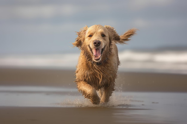 Pies golden retriever biegnie po plaży