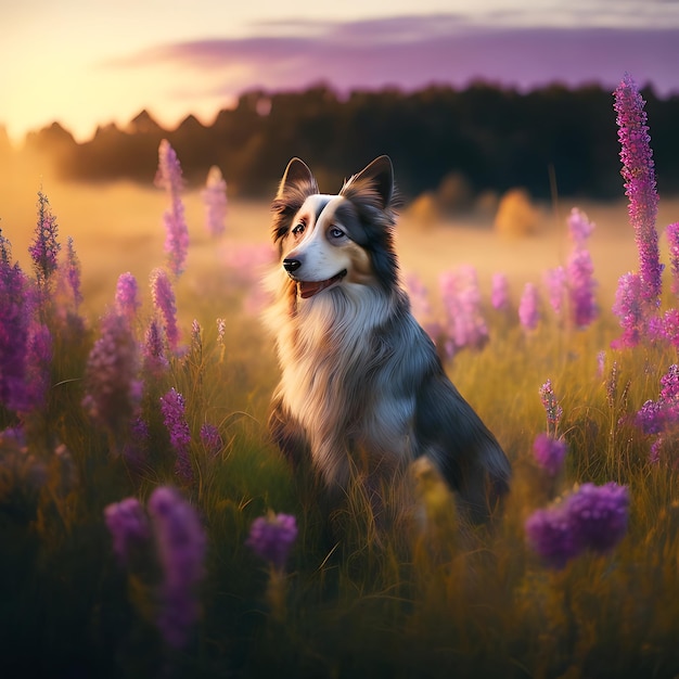 Pies Golden Retriever cieszący się świeżym powietrzem na dużym polu trawy o zachodzie słońca ai Generowane