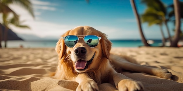 Pies Golden Retriever jest na letnich wakacjach w nadmorskim kurorcie i relaksującym odpoczynku na letniej plaży na Hawajach AI Generative