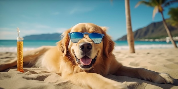 Pies Golden Retriever jest na wakacjach w nadmorskim kurorcie i relaksujący wypoczynek na letniej plaży Hawaii AI Generative